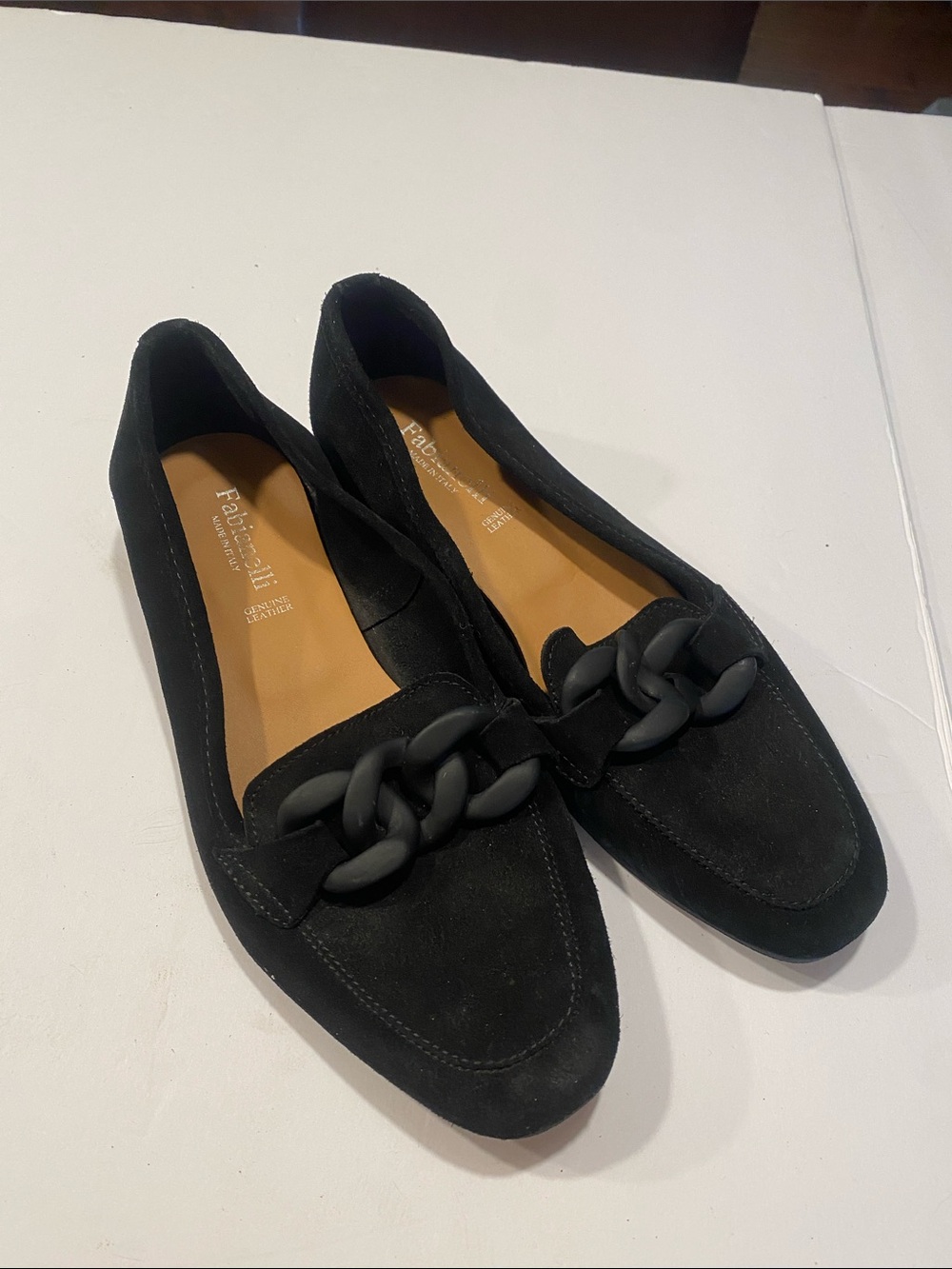 Black Suede Chain-Trim Loafers for Women size 7.5 Fabianelli Italian made